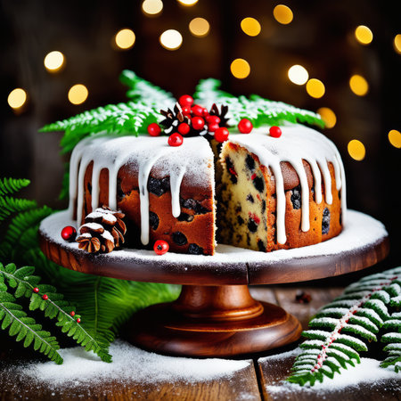 Gingerbread cake for Christmas with lingonberry and christmas decorations over wool white background. Homemade lemon bundt cake with glaze and icing sugar.の素材