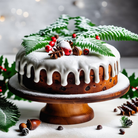 Gingerbread cake for Christmas with lingonberry and christmas decorations over wool white background. Homemade lemon bundt cake with glaze and icing sugar.の素材