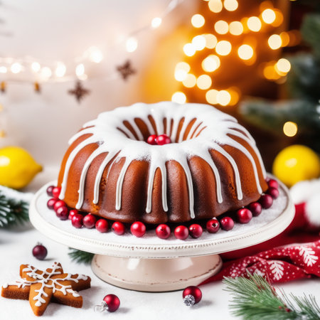 Gingerbread cake for Christmas with lingonberry and christmas decorations over wool white background. Homemade lemon bundt cake with glaze and icing sugar.の素材