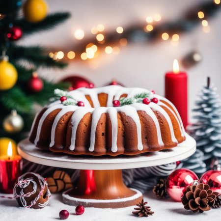 Gingerbread cake for Christmas with lingonberry and christmas decorations over wool white background. Homemade lemon bundt cake with glaze and icing sugar.の素材
