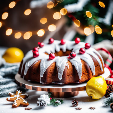 Gingerbread cake for Christmas with lingonberry and christmas decorations over wool white background. Homemade lemon bundt cake with glaze and icing sugar.の素材