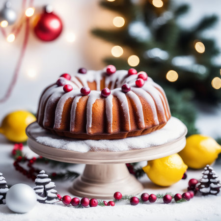 Gingerbread cake for Christmas with lingonberry and christmas decorations over wool white background. Homemade lemon bundt cake with glaze and icing sugar.の素材