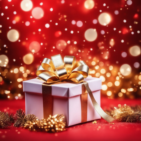 Red gift box with golden ribbons on holiday background with twinkle bokeh light.の素材