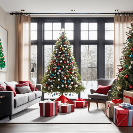 Modern Living Room Interior With Christmas Tree, Gift Boxes, Sofaの素材