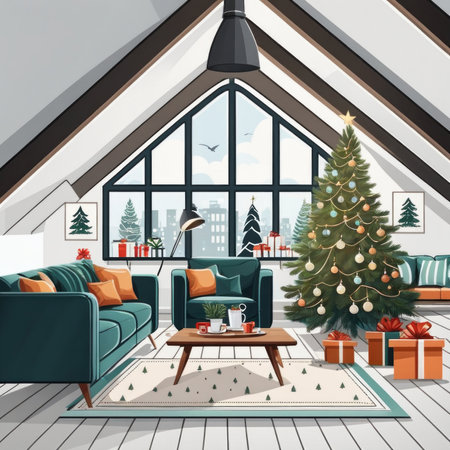 Modern Living Room Interior With Christmas Tree, Gift Boxes, Sofa And coffee table.の素材