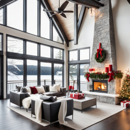 Fireplace, christmas tree and presents in a luxurious chalet with snowy mountain view.の素材