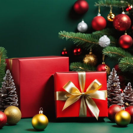 Red gift box with golden ribbons on holiday background with twinkle bokeh light.の素材