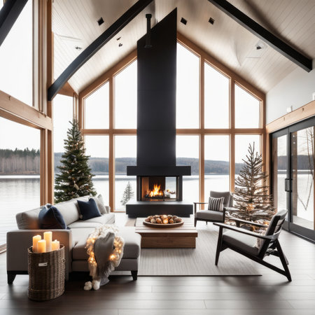 Fireplace, christmas tree and presents in a luxurious chalet with snowy mountain view.の素材