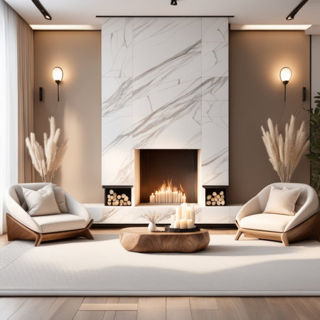 Cozy, luxurious, and empty modern living room with two beige textile sofas on the hairy carpet, and decoration on the hardwood floor in front of a design-shaped modern fireplace in the middle with copy space.の素材