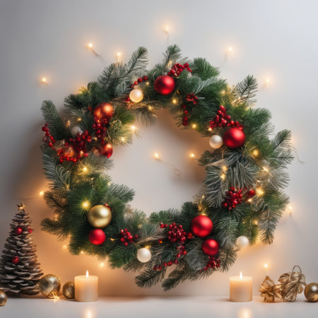 Beautiful Christmas wreath with ornaments and light on white backgroundの素材