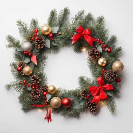 Beautiful Christmas wreath with ornaments and light on white backgroundの素材