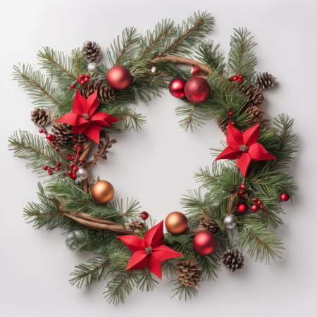 Beautiful Christmas wreath with ornaments and light on white backgroundの素材