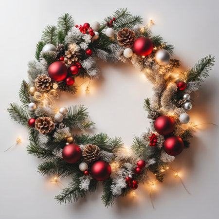 Beautiful Christmas wreath with ornaments and light on white backgroundの素材