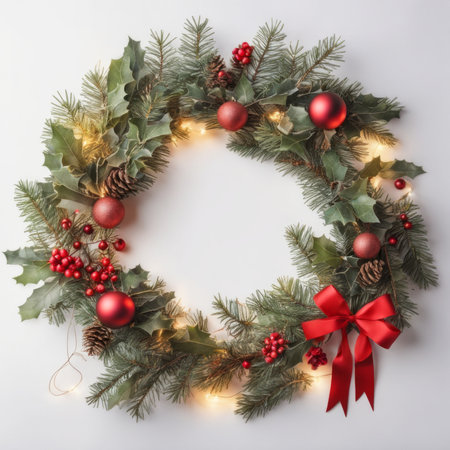 Beautiful Christmas wreath with ornaments and light on white backgroundの素材