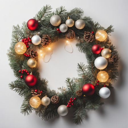 Beautiful Christmas wreath with ornaments and light on white backgroundの素材