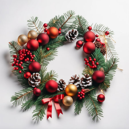 Beautiful Christmas wreath with ornaments and light on white backgroundの素材