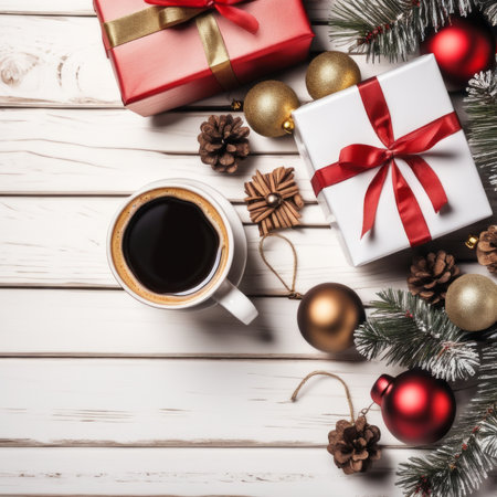 Coffee mug with Christmas Gift Box and Decorative Ornaments on White Wood Backgroundの素材
