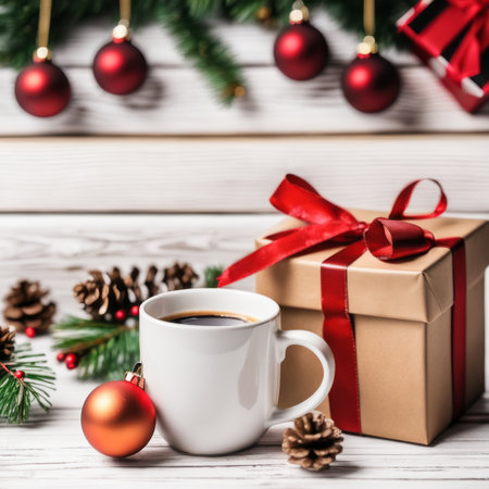 Coffee mug with Christmas Gift Box and Decorative Ornaments on White Wood Backgroundの素材