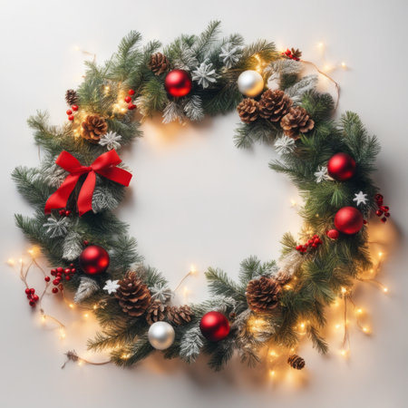 Beautiful Christmas wreath with ornaments and light on white backgroundの素材