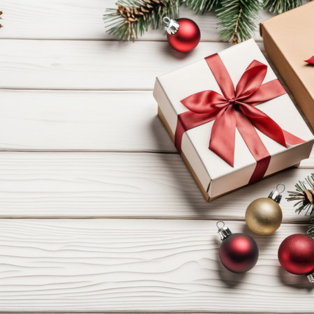 Christmas Gift Box and Decorative Ornaments on White empty Wood Backgroundの素材