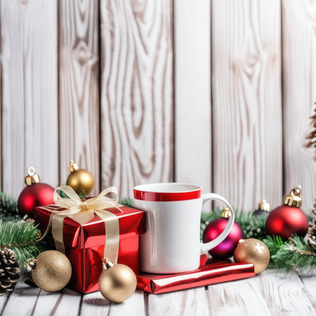 Coffee mug with Christmas Gift Box and Decorative Ornaments on White Wood Backgroundの素材