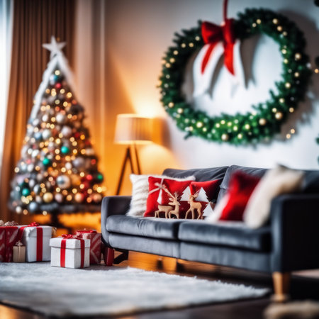 Christmas decorated interior of the living room with a sofa and Christmas trees in the festive New Year holiday indoors.の素材