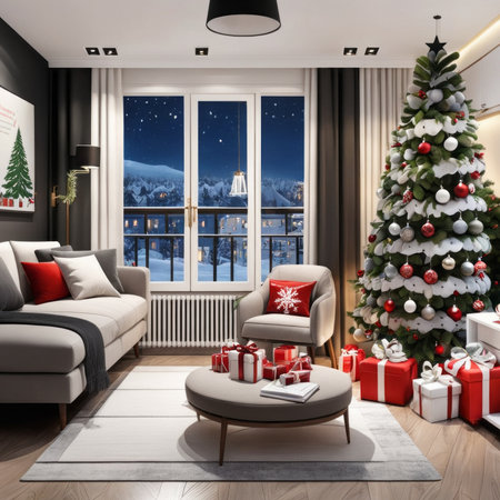 Photo of a Christmas decor of the studio apartment; interior design; decor ideas.の素材