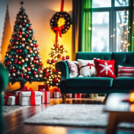 Christmas decorated interior of the living room with a sofa and Christmas trees in the festive New Year holiday indoors.の素材