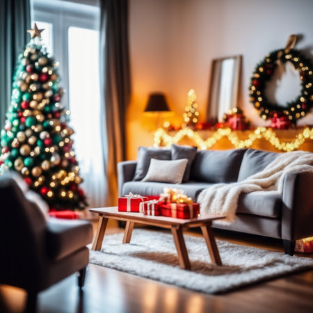 Christmas decorated interior of the living room with a sofa and Christmas trees in the festive New Year holiday indoors.の素材