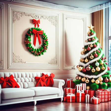 The living room is decorated with a Christmas tree and many different decorations and festive lights near mirror.の素材