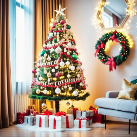 The living room is decorated with a Christmas tree and many different decorations and festive lights near mirror.の素材