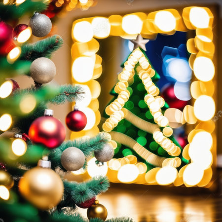 The living room is decorated with a Christmas tree and many different decorations and festive lights near mirror.の素材