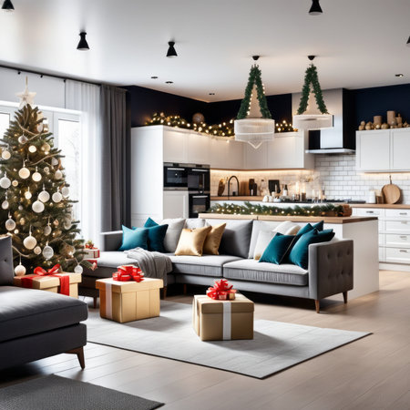 Modern Open Plan Home Interior With Christmas Tree, Gift Boxes, Ornaments, Corner Sofa, Dining Space And Kitchenの素材