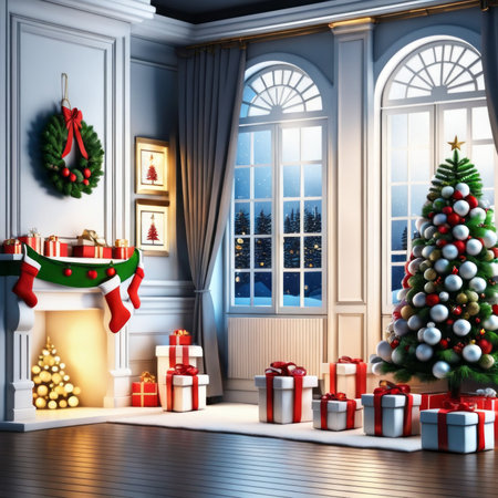 Interior with Christmas Tree and Gifts beside the large glass window, snowy background view in windowの素材