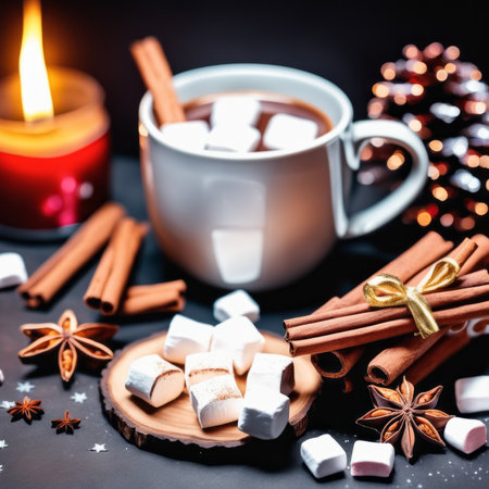 Mug with cocoa and marshmallows with cinnamon and star anise on Christmas black backgroundの素材