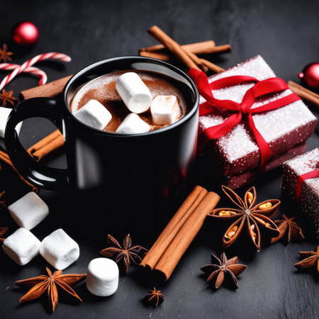 Mug with cocoa and marshmallows with cinnamon and star anise on Christmas black backgroundの素材