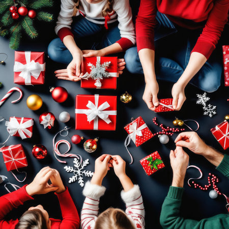 Christmas time composition with gifts and holiday decorations around on a dark backgroundの素材