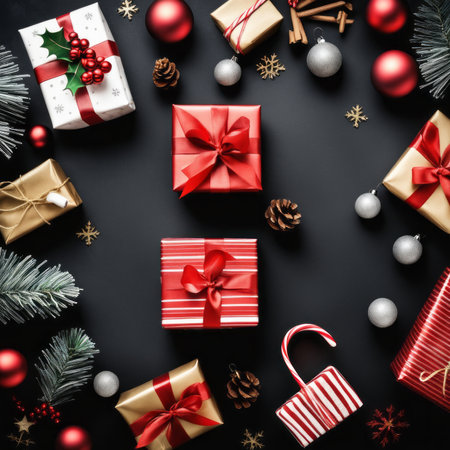 Christmas time composition with gifts and holiday decorations around on a dark backgroundの素材