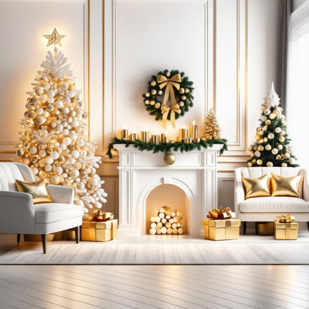 Christmas living room decoration, white and gold colors interior decoration backgroundの素材