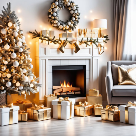 Christmas living room decoration, white and gold colors interior decoration backgroundの素材