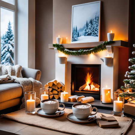 Cozy living room winter interior with fireplace, two cups with hot chocolate in the table waiting to be drunk.の素材
