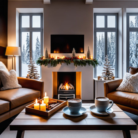 Cozy living room winter interior with fireplace, two cups with hot chocolate in the table waiting to be drunk.の素材