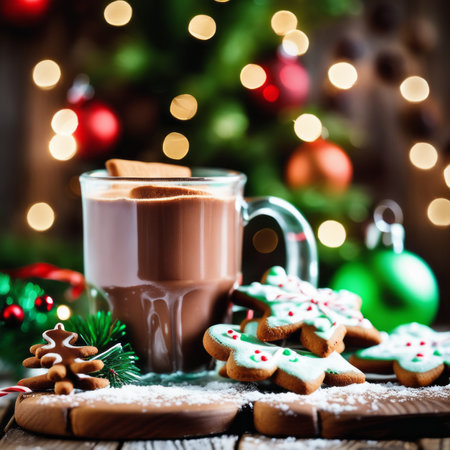 Gingerbread cookies and hot chocolate on a rustic wooden table against Christmas backgroundの素材