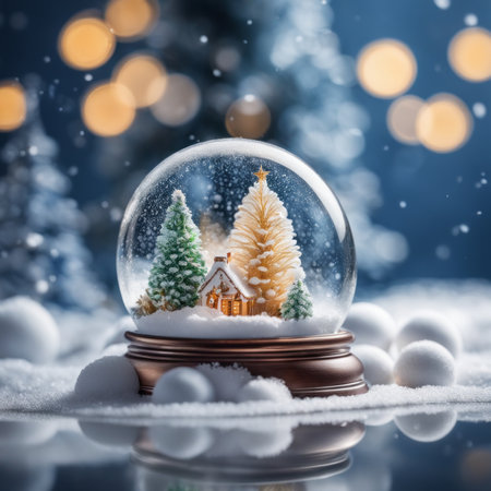 Christmas trees and balls under snow in a glass dome. Creative still life with copy spaceの素材