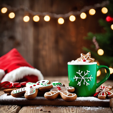 Gingerbread cookies and hot chocolate on a rustic wooden table against Christmas backgroundの素材