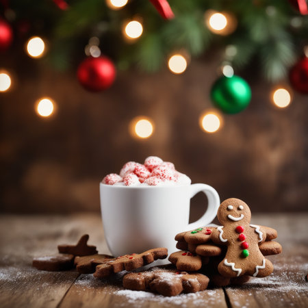 Gingerbread cookies and hot chocolate on a rustic wooden table against Christmas backgroundの素材