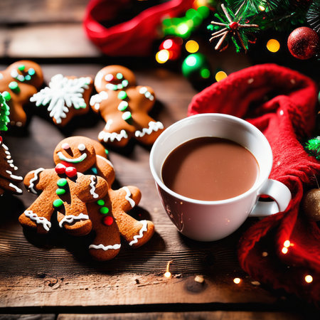 Gingerbread cookies and hot chocolate on a rustic wooden table against Christmas backgroundの素材
