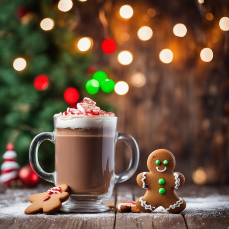 Gingerbread cookies and hot chocolate on a rustic wooden table against Christmas backgroundの素材