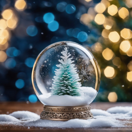 Christmas trees and balls under snow in a glass dome. Creative still life with copy spaceの素材