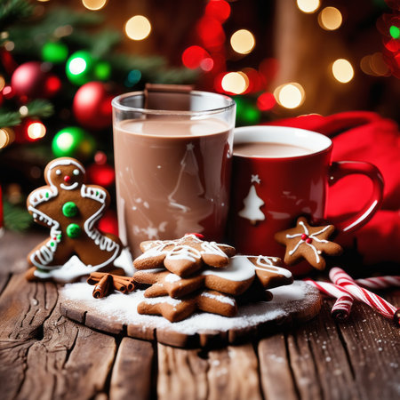 Gingerbread cookies and hot chocolate on a rustic wooden table against Christmas backgroundの素材